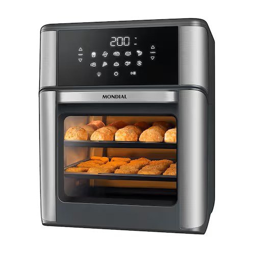 Air Fryer Forno Mondial 12L — vista lateral com alimentos